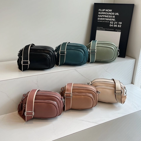 Damen Umhängetasche Litchi Textur PU Leder Mehrschichtig Reißverschluss Mode Trendy Breiter Gurt Kamera Quadratisch Kleine Tasche