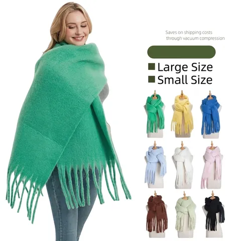 Winter Thick Solid Color Tassel Scarf For Women Soft Warm Polyester Tie-Dye Knit Shawl Wraps Fashion Commuter Neck Warmer