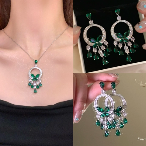 Butterfly Tassel Necklace And Dangling Earrings Jewelry Copper Rhinestone With Silver Earring Post Luxury For Women