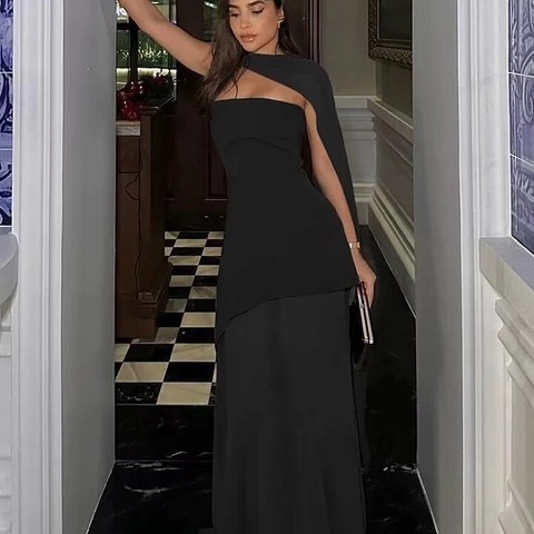 Halter Maxi Dress Sexy Elegant Tube Top Backless High Slit Asymmetrical Hem Sleeveless Evening Party Gown Women Solid