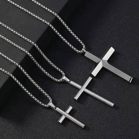 Roestvrijstalen Kruis Hanger Ketting Eenvoudig Afgeschuind Cilindrisch Religieuze Sieraden Voor Heren Dames Punk Stijl