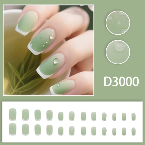 Press On Nails Mint Green Gradient French White Tips 3D Water Drop Design ABS Resin Manicure For Women Elegant