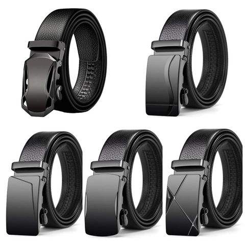 Men Business Casual PU Leather Belt Black Lychee Texture Automatic Buckle Waist Strap For Office Daily Wear Fashion Trouser Belt