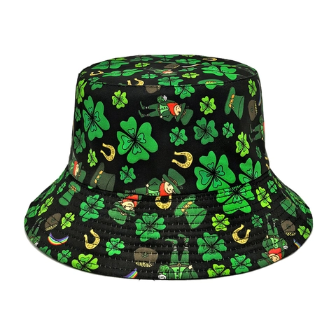 St Patrick's Day Vissershoed Polyester Opvouwbaar Ierse Shamrock Leprechaun Print Zonnehoed Retro Mode