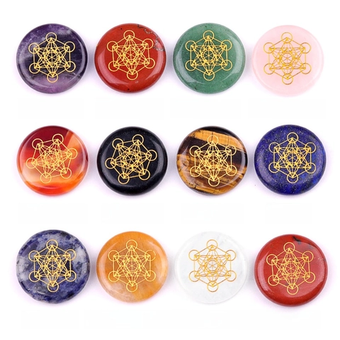 Natural Crystal Stone Round Engraved Gold Metatron Cube Sacred Geometry Polished Gemstone Meditation Healing Reiki DIY Craft
