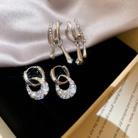 Glänzende Zirkon Wassertropfen Anhänger Creolen Mit 925 Sterling Silber Ohrstecker Luxus Mode Schmuck Für Damen