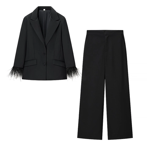 Women Blazer And Wide Leg Pants With Feather Cuffs High Waist Elegant Solid Color Streetwear Formal Office Lady