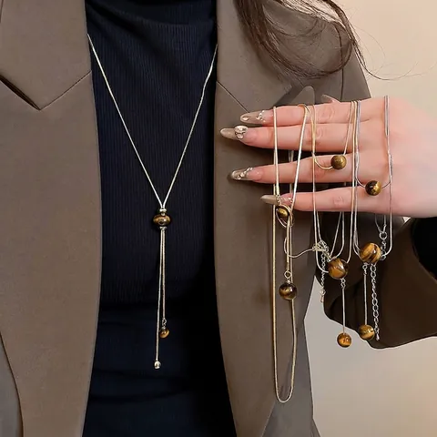 Copper Tiger's Eye Stone Pendant Necklace Retro Minimalist Double Layer Long Adjustable Chain Jewelry For Women