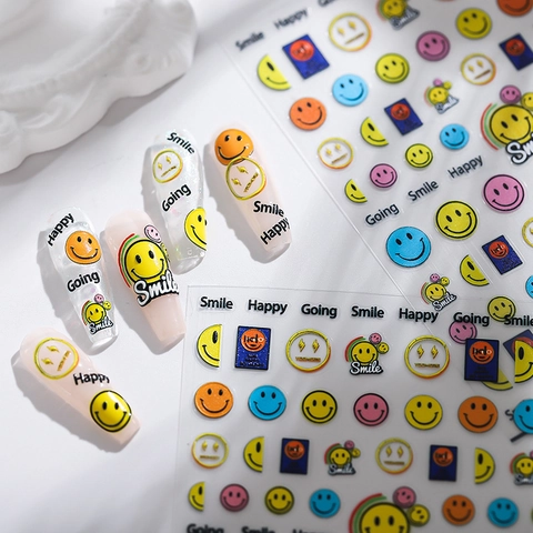 5D Embossed Nail Art Stickers Colorful Smiley Face Happy Smile Words Self Adhesive Decals DIY Manicure Accessories