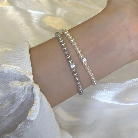 Elegant Faux Artificial Pearl Bracelet With Square Zircon Accent Simple French Retro Style Jewelry For Women Fashion Hand Decor