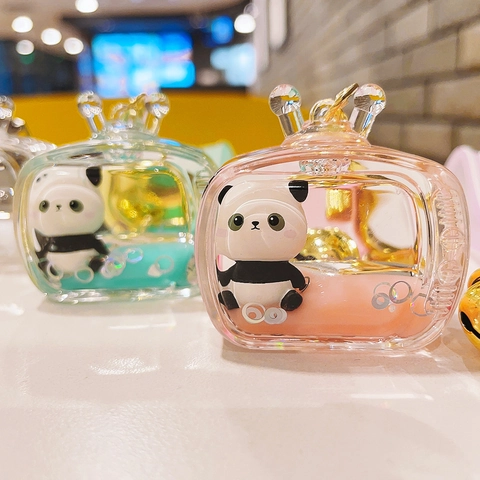 Lindo Llavero Panda Arena Movediza Líquido Flotante Acrílico Forma De TV Colgante Para Bolso Llavero De Dibujos Animados Con Correa De Silicona Campana Regalo