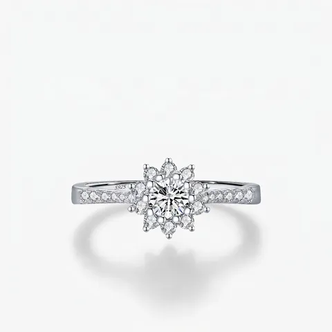 925 Sterling Silver Moissanite Ring Round Brilliant Sunflower Halo Jewelry For Women D Color Elegant Luxury Sparkling