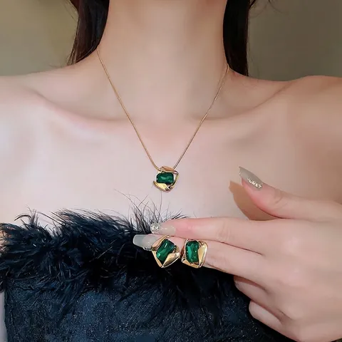 Gioielli Eleganti Retrò Per Donna Con Pietre Preziose Rettangolari Lega Acciaio Inossidabile Collana E Orecchini Argento
