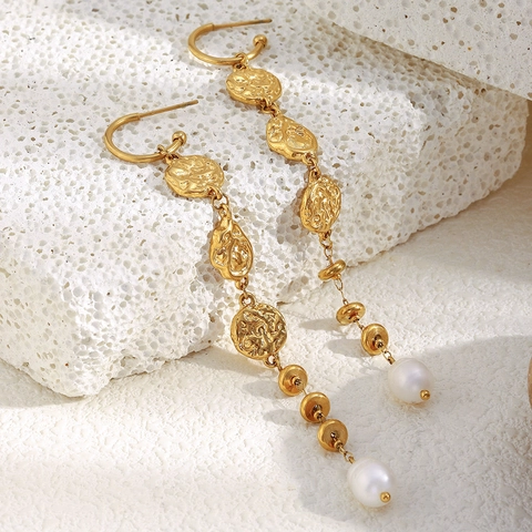 Long Tassel Stud Earrings With Hammered Texture Stainless Steel And Artificial Baroque Pearls 18K Gold Plated Vintage Jewelry