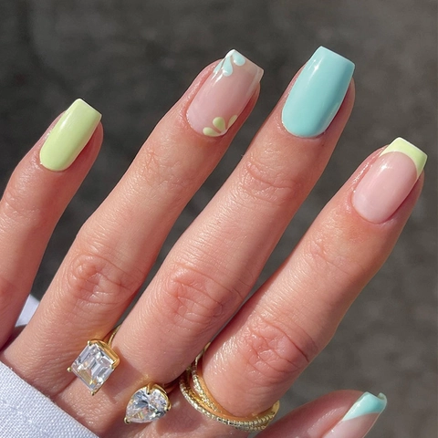 Unghie Finte Press On French Tip Motivo Floreale Macaron Giallo Blu Bloc Dolce Elegante Quadrato Per Donne