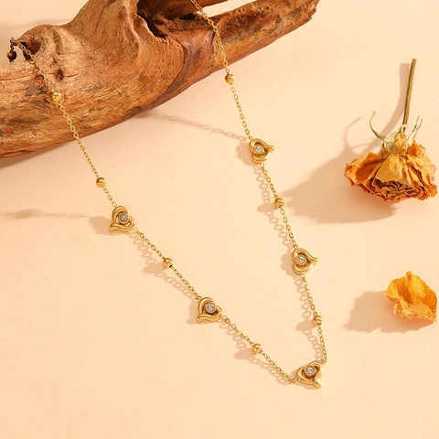 Heart Pendant Necklace Gold Plated Stainless Steel Rhinestone Inlaid Bead Clavicle Chain Sweet Elegant Jewelry For Women