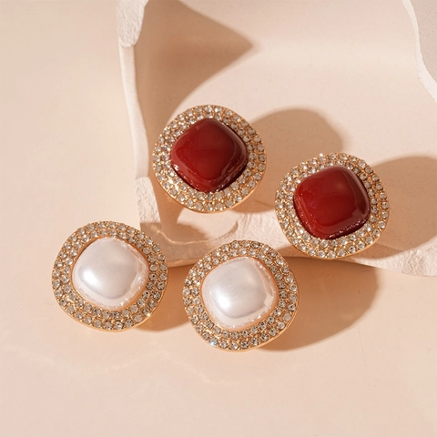 Pendientes De Botón Geométricos Cuadrados Retro Franceses Con Perla Artificial De Imitación Diamantes De Imitación Y Poste De Plata 925