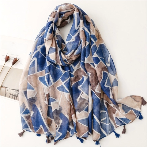 Ethnic Geometric Print Scarf Shawl For Women With Tassels Polyester Voile Cotton Linen Feel Lightweight Breathable