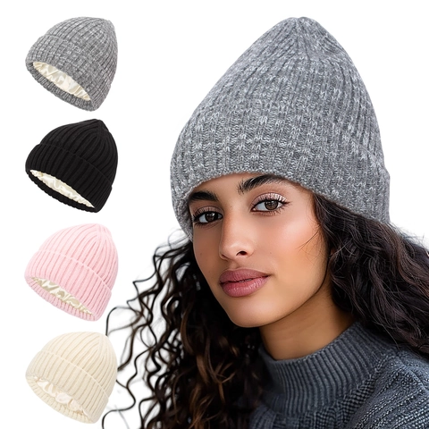 Knitted Beanie Hat With Satin Lining Ribbed Winter Warm Anti Static Hair Protection For Adult And Kids