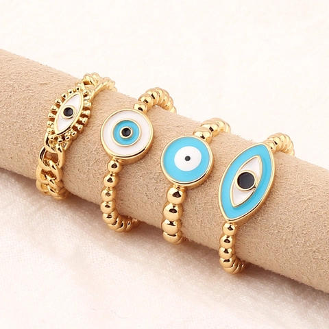 Evil Eye Offener Ring Gold Plattiertes Messing Emaille Verstellbar Perlen Gliederkette Mode Schmuck Damen