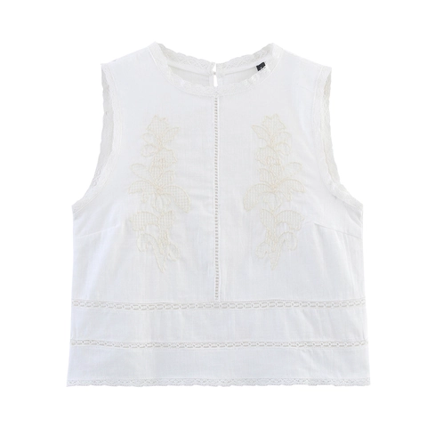 Französische Spitze Patchwork Weste Und A-Linie Rock Damen Baumwollmischung Stickerei Ajouré Ärmelloses Top Midirock Sommer Outfit