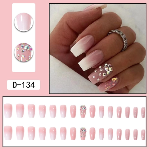 Ombre Pink Gradient Press On Nägel Mit Strass Und Glitzer Ballerina Quadratische Form Künstliche Fingernägel Tragbar