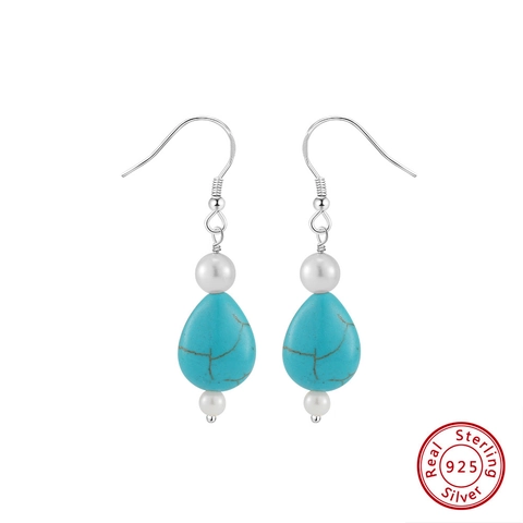 Vintage 925 Silber Türkis Tropfen Ohrringe Für Damen Künstliche Perle Geometrische Hängeohrringe Elegant Boho Schmuck