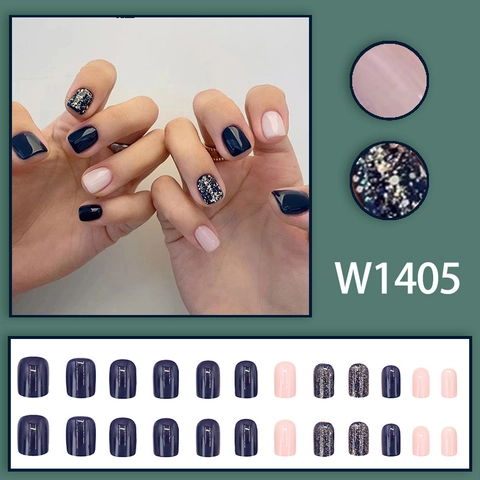 Marineblauw Glitter Sterrenhemel Kunstnagels Roze Kort Vierkant Rond Valse Nagels Plastic Manicure Kunst Ins Stijl