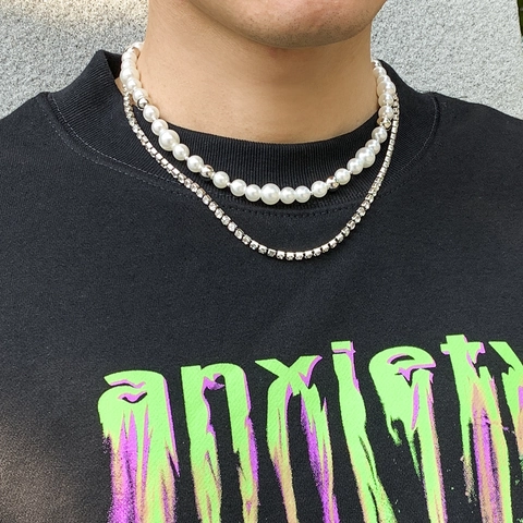 Layered Necklace With Imitation Artificial Pearl And Rhinestone Spliced Clavicle Chain Fashion Jewelry For Men And Women