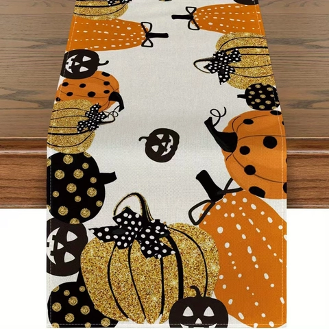 Halloween Table Runner Cotton Linen Polyester Pumpkin Witch Ghost Castle Print Vintage American Style Kitchen Dining Decoration