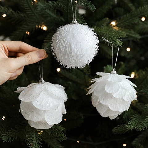 Christmas Ball Ornaments White Foam Petal Glitter Pinecone Hanging Pendants Xmas Tree Decoration Elegant Festive Ornament