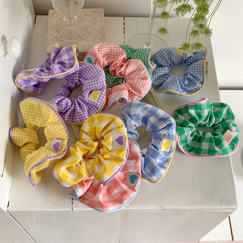 Gingham Checkered Fabric Scrunchies Candy Color Elastic Hair Ties With Heart Label Sweet Soft Hair Accessories For Girls Women