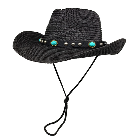 Chapeau De Cow-Boy En Paille Avec Turquoise Et Rivets Protection Solaire Tissé Bord Large Style Vintage Pour Extérieur Plage
