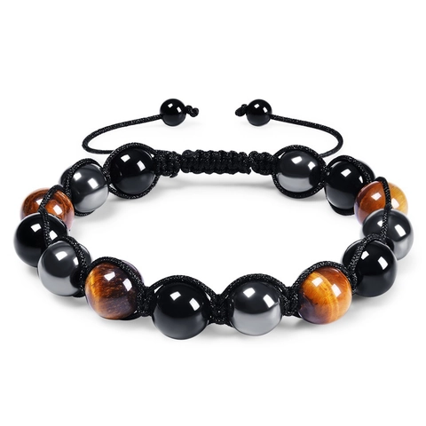 Triple Protection Bracelet Tiger Eye Hematite Black Agate Natural Stone Beaded Handmade Woven Adjustable Energy Healing Jewelry