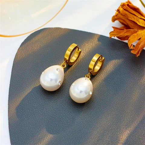 Water Drop Artificial Pearl Drop Earrings Titanium Steel Rhinestone Inlaid Vintage Elegant Jewelry For Women