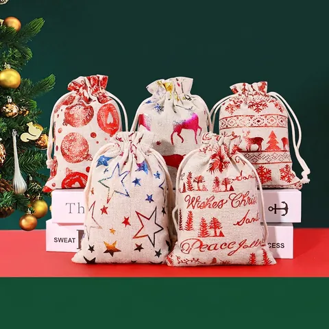 Sacs Cadeaux De Noël Coton Lin Cordon Renne Flocon De Neige Motif Bronzage Calendrier De L'Avent Bonbons Festif