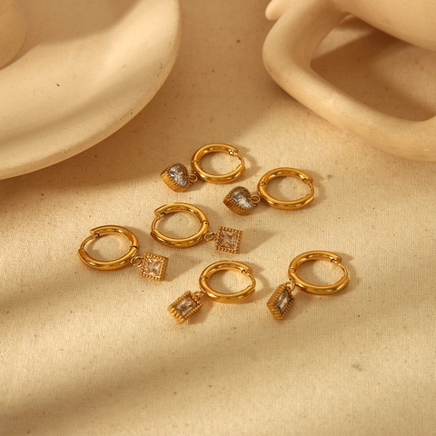 18K Gold Plated Stainless Steel Hoop Earrings Geometric Heart Square Cubic Zirconia Dangle Earrings For Women Allergic Free