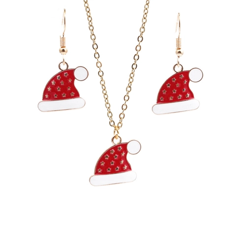 Christmas Hat Necklace And Earrings Alloy Enamel Festive Holiday Accessory Novelty Jewelry For Women Girls Celebration