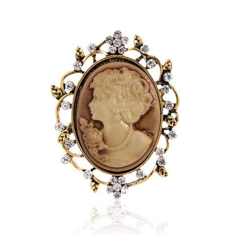 Vintage Cameo Portrait Brooch Pin For Women Antique Gold Silver Plated Zinc Alloy Rhinestone Palace Style Clothing Accessory