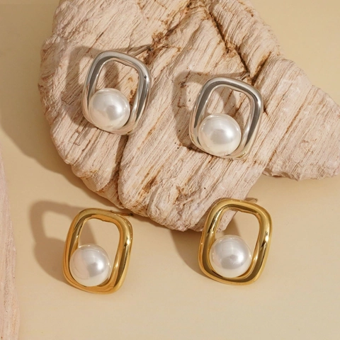 Orecchini A Lobo Con Perla Artificial Quadrati Acciaio Inossidabile 316 Placcato Oro PVD Impermeabile Gioielli Vintage Francesi Donna