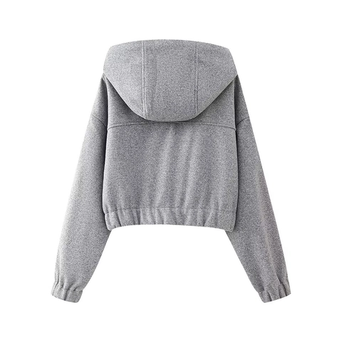 Grey Outfit Women Cropped Zipper Hooded Sweatshirt And Drawstring Straight Midi Skirt Casual Streetwear Polyester