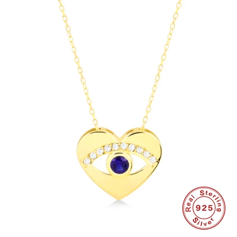 Evil Eye Heart Pendant Necklace 925 Sterling Silver Blue White Zirconia Elegant Jewelry Gift For Women