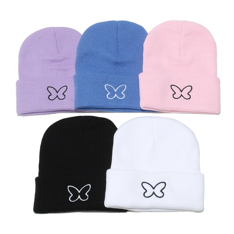 Dames Schattige Vlinder Geborduurde Gebreide Muts Zacht Acryl Warme Wintermuts Dagelijkse Mode Japanse Koreaanse Stijl