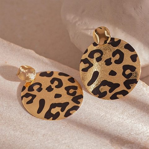 Round Leopard Print Metallic Earrings With Silver Earring Post Exaggerated Geometric Jewelry For Women