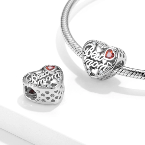Herz Anhänger 925 Sterling Silber Best Mom Gravur Mit Rotem Zirkonia Für DIY Armband Muttertag Geschenk