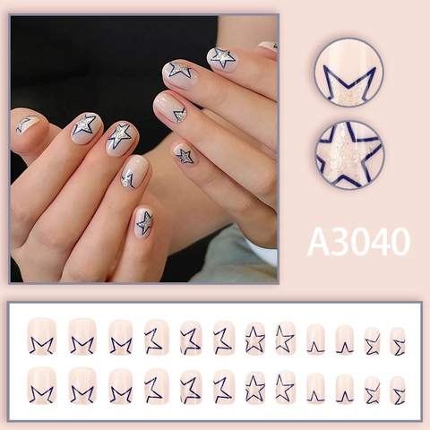 Square Press On Nails Nude Pink With Blue Star Glitter Sweet Cute Artificial False Nails For Women Daily Manicure
