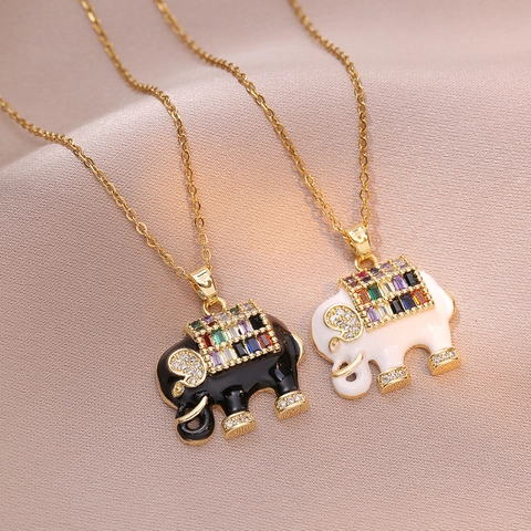 Elephant Pendant Necklace Stainless Steel Gold Plated With Colorful Zircon Rhinestone Enamel Fashion Jewelry For Women