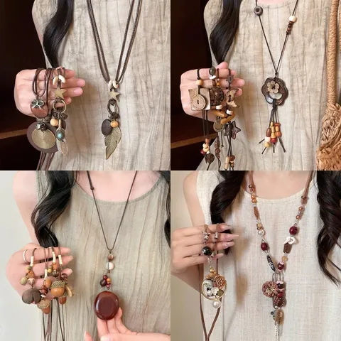 Long Collier Pendentif Ethnique Bohème Rétro Perle En Bois Cuivre Alliage Plume Chaîne De Pull Pour Femmes