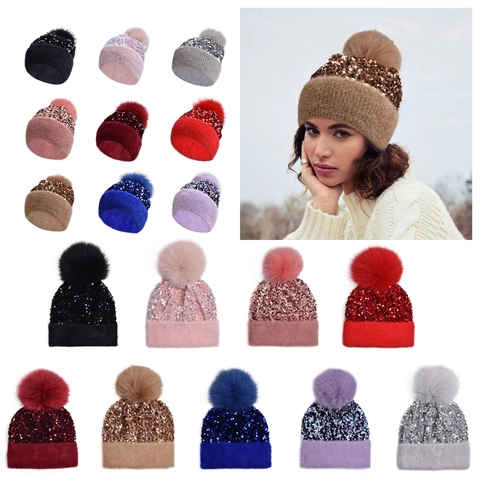 Berretto In Maglia Da Donna Con Decorazione Di Paillettes E Pompon In Pelliccia Sintetica Spesso Caldo Inverno All Aperto