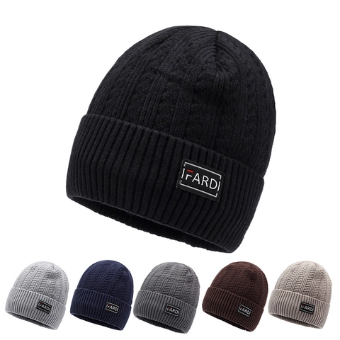 Men Beanie Hat Winter Warm Knit Cap Ribbed Outdoor Windproof Thick Casual Polyester Skull Cap
